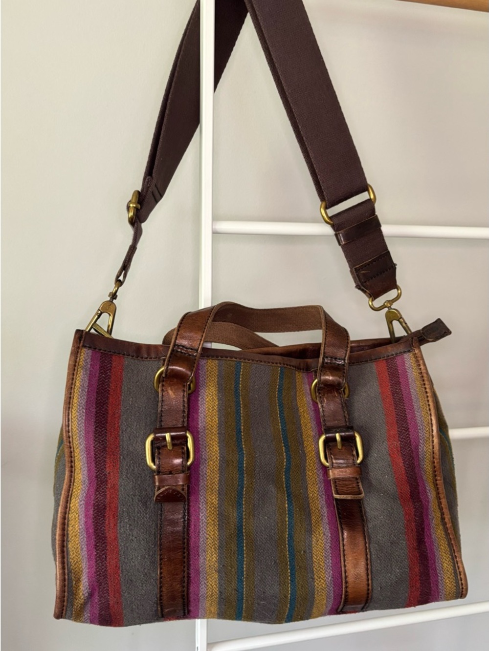 Vintage Fossil Striped Fabric Crossbody with Brown Leather Trim - Picture 15 of 16